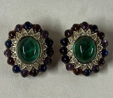 VTG CINER Jewels Of India Gold Tone Multi Color Cab Large Clip On Earrings 