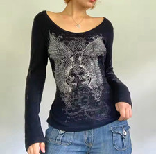 Women s S Black Cotton Knit Long Sleeve Scoop...