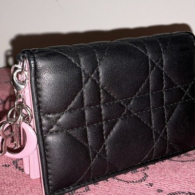 Christian Dior Black Pink Quilted Logo Folding Wallet w/ Credit Card & Charm