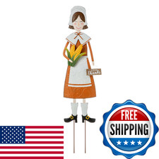 Glitzhome Thanksgiving Yard Stakes Metal Pilgrim Girl Yard Signs Hanging Wall De