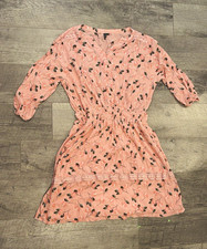Lov Pink Heart Print Shift Dress Women's M V-Neck 3/4 Roll Tab Sleeve Lined boho