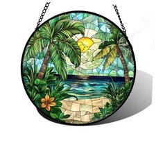 Stained Glass Window Hanging Beach Scenery Suncatcher Diamond 9.8x9.8 IN Green