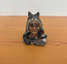 Vintage Native American Indian Chief Small Ornament Figurine Wearing Wolf Hat