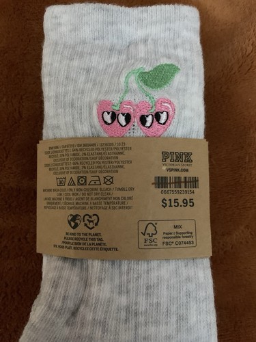 Victoria's Secret PINK 2 Pair Crew Socks White (Strawberry) and Gray (Cherries) - Picture 4 of 6