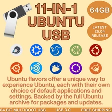 Ubuntu Multi-Boot USB | 11-in-1 Flavors Live & Installer | 25.04 | 64GB Latest