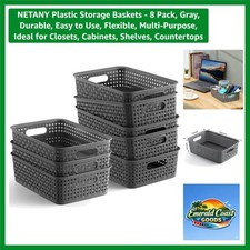 Elegant 8-Pack Plastic Storage Baskets - Durable, Gray, Multi-Purpose Design