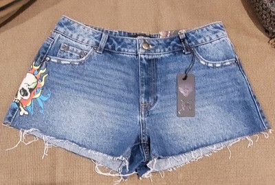 NWT Ed Hardy Denim Shorts Women's 26 Blue Flame Skull Raw Hem Retro Y2K Graphic 