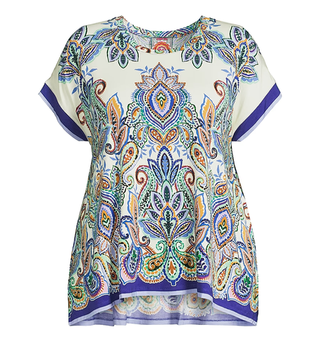 $138 JOHNNY WAS Plus SZ 1X JANIE FAVORITE PAISLEY CREW NECK DRAPED TEE RUTA NWT