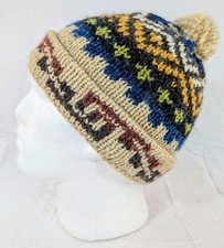 Colorful Soft Alpaca Beige Beanie Pom Pom Handmade Unisex Boho Peru