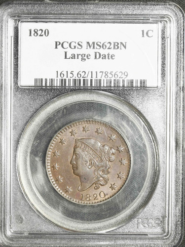 1820 PCGS MS-62 BN Large Date Coronet Head Large Cent