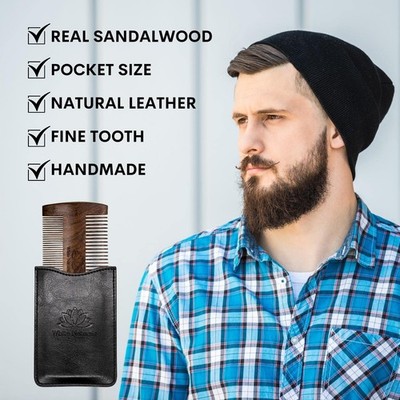 Beard Comb for Men, Wooden Natural Sandalwood, Fine Dual Action Teeth, Handma...