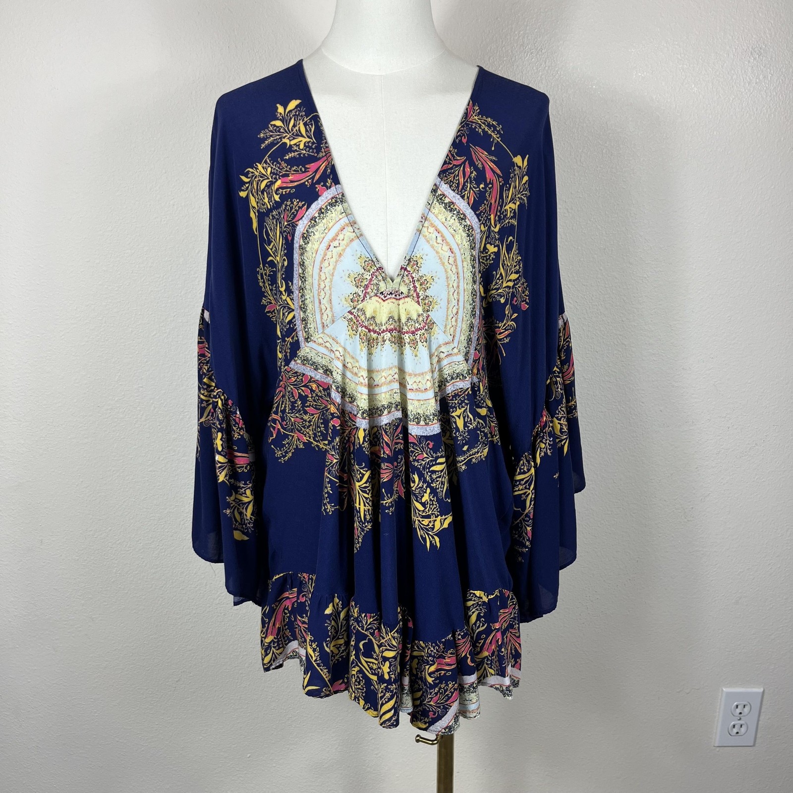 Free People Top Womens Medium Blue Boho Sunset Dreams Ruffle Tunic Fairy Whimsy