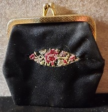 Vintage Black Fabric Embroidered Floral Kiss Clasp Coin Change Purse NOS