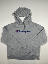 Champion Hoodie Sweatshirt Mens Large Gray Pullover Fleece Big Logo Front Read