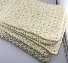 Baby Blanket Ivory Hand Knitted - 34 x 28