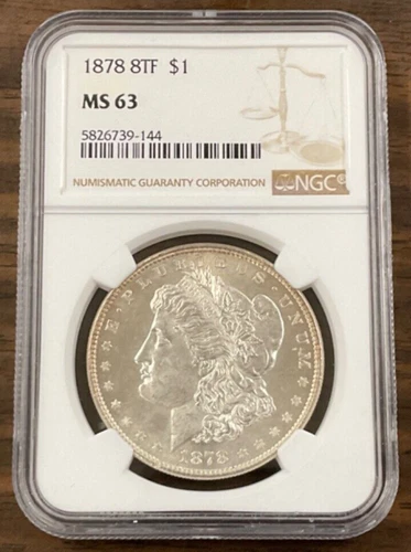 1878 Morgan silver dollar 8TF, 8 tail feathers, NGC MS63, VAM 3 R4