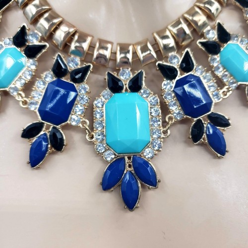 Gargantilla babero cristal cadena caja llamativa collar estrás azul 20" ajustable - Imagen 2 de 7