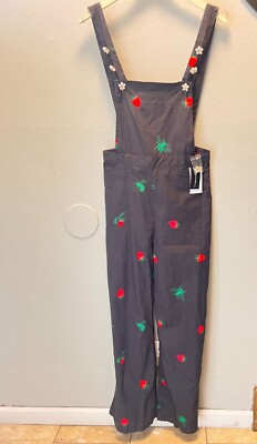 Saint Geraldine Womens Floral Embroidered Overalls black Strawberry & Bee Design