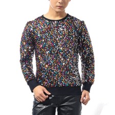 Men's Multicolored Sequin Tops Shirt T-Shirt Round Neck Dance Pullover Tee Basic