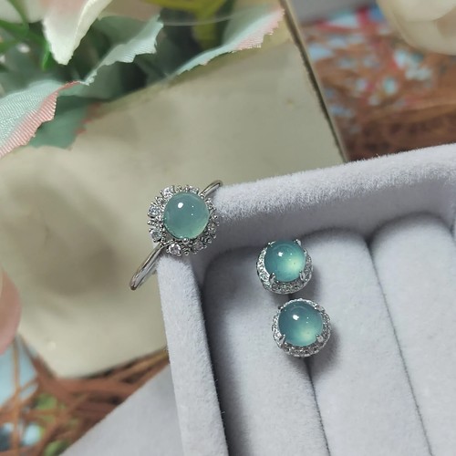 Round Ocean Blue 2pcs Set Light Bump Natural Earring & Ring Jadeite SL075 - Picture 5 of 8