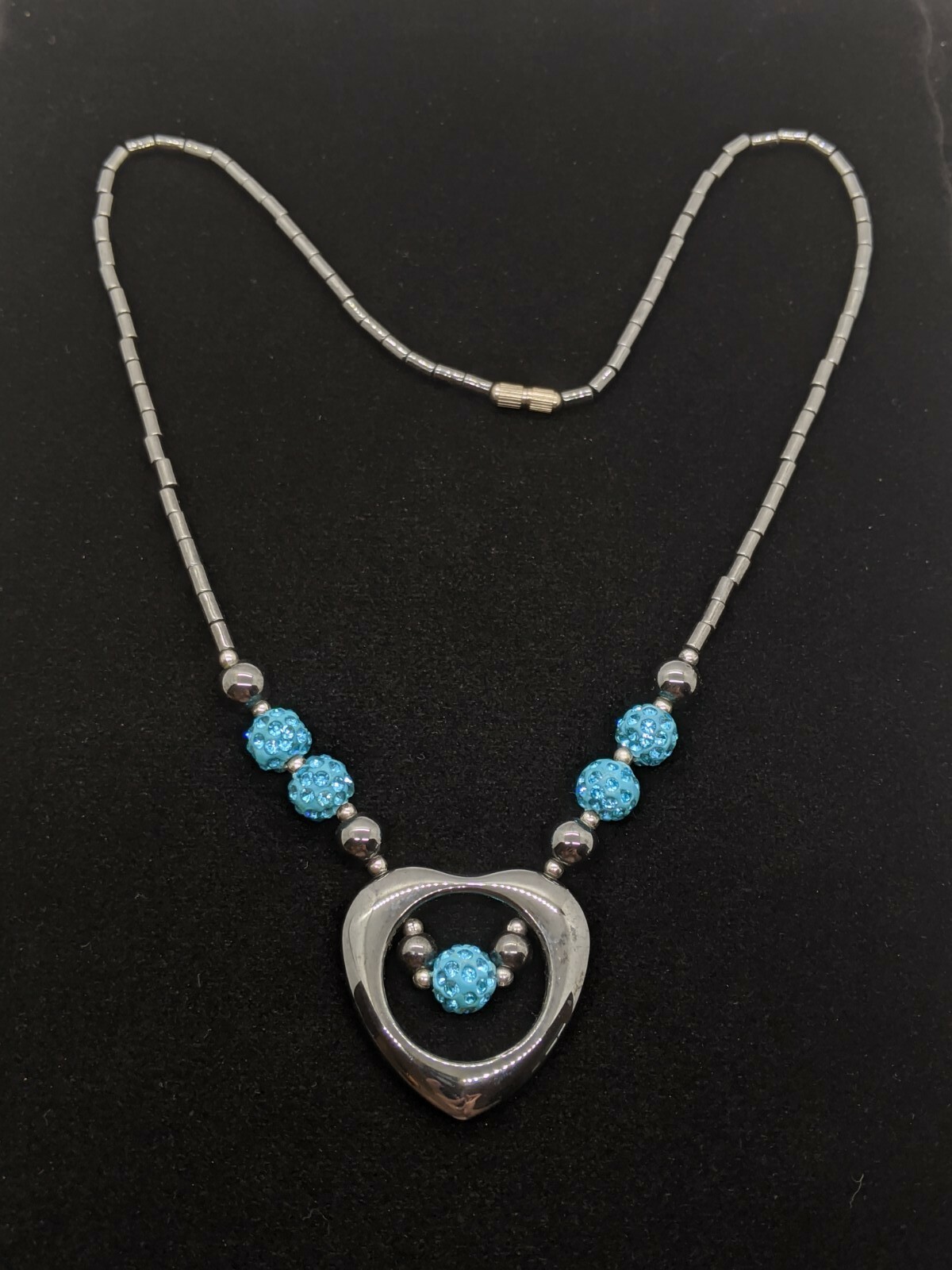 Gray Hematite Blue bead Heart Statement Necklace - image 2