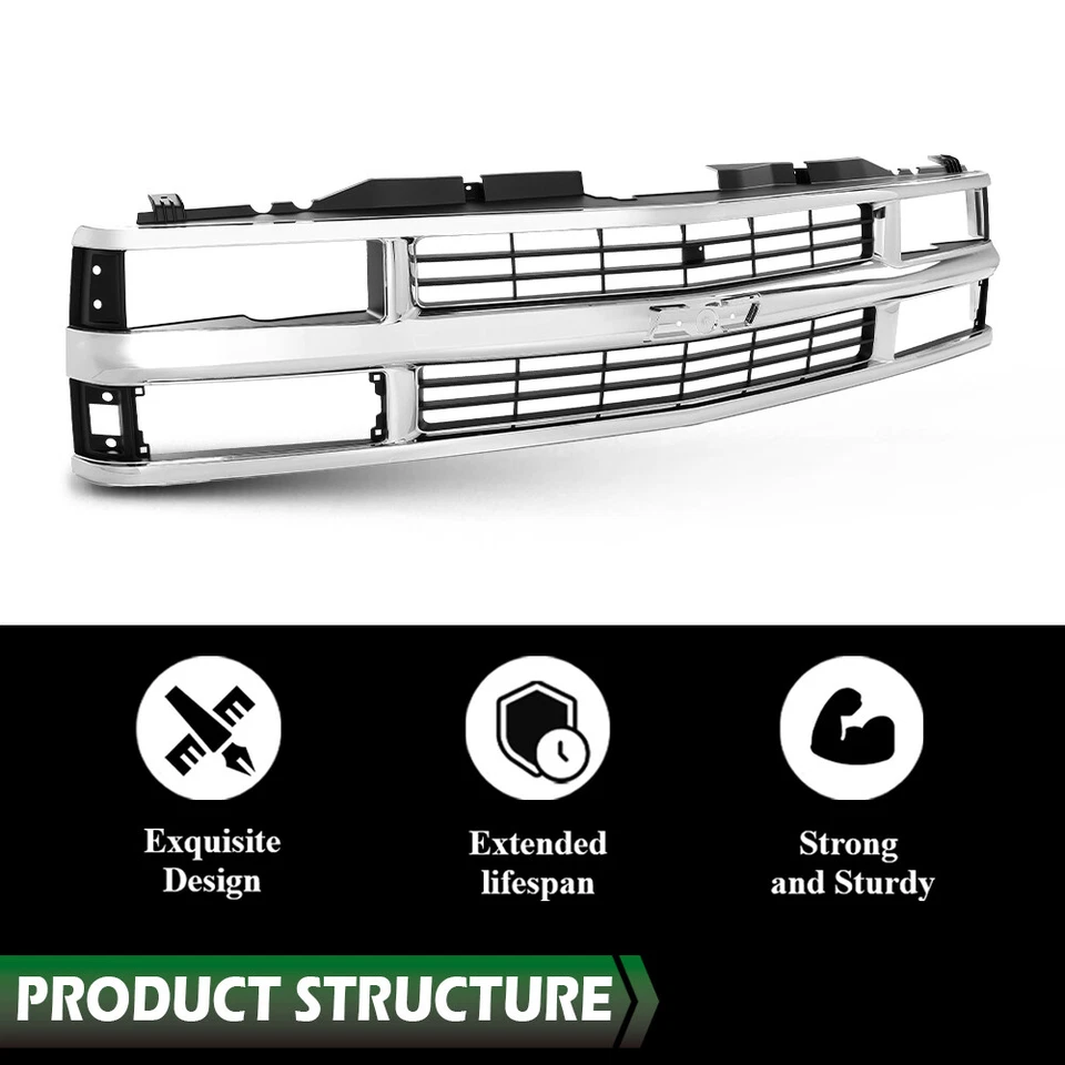 Chrome Grille w/ Black Insert Fit For 1994-1998 Chevy C/K 1500 2500 3500 Truck Foto 4 de 4