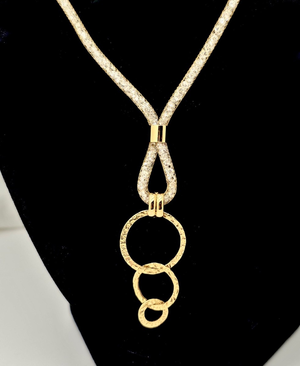ESTATE 14K GOLD MOUNTED TRIPLE HOOP PENDANT MINI CZS NECKLACE