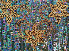 Vtg Sequin Top Silk Beaded Sequin 1980s Sm Flowers Blk Gold Scallop Long Sleeve