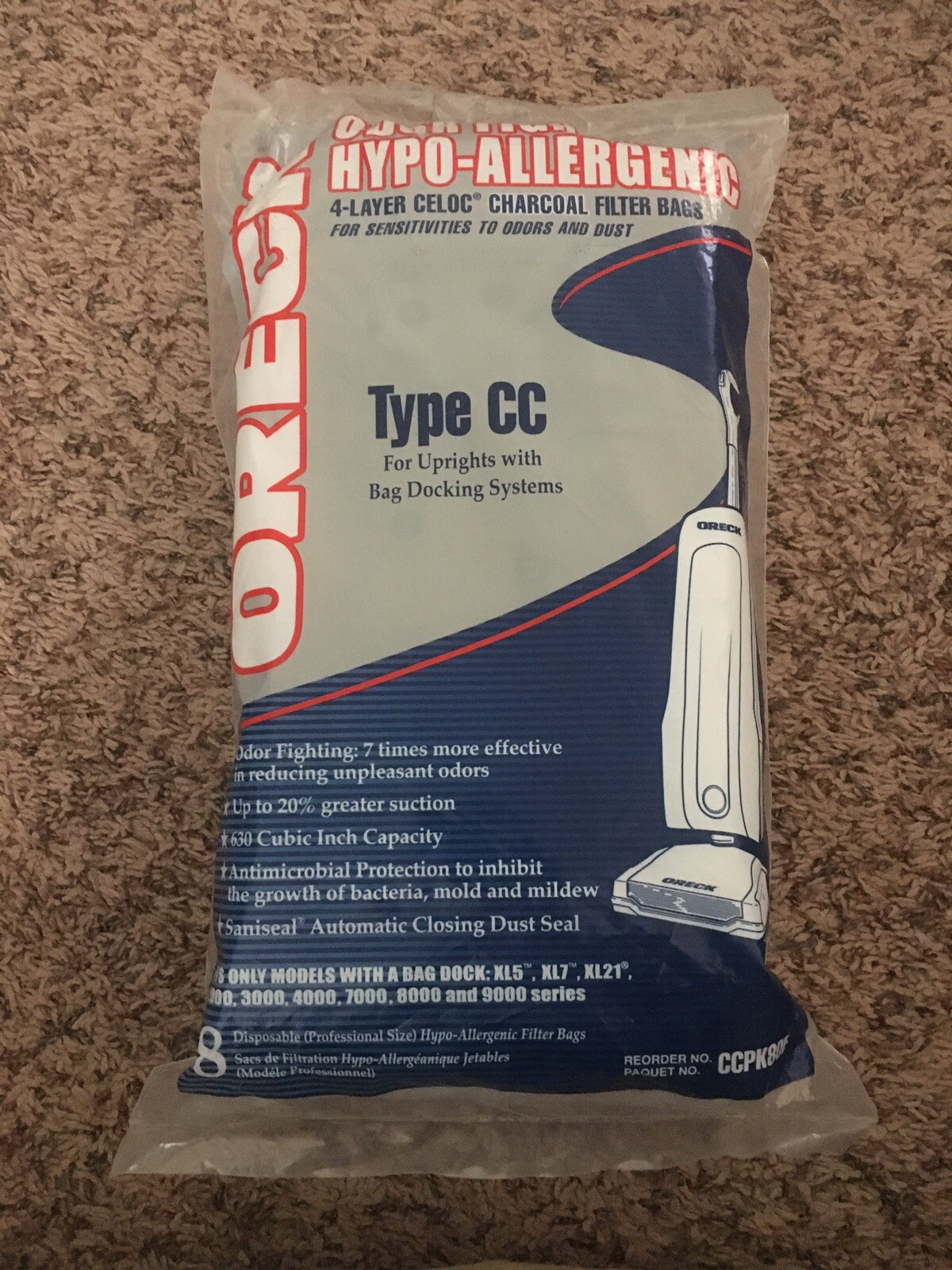 NEW ORECK CCPK80F 8 Pack Type CC 4 Layer Celoc Charcoal Filter Vacuum