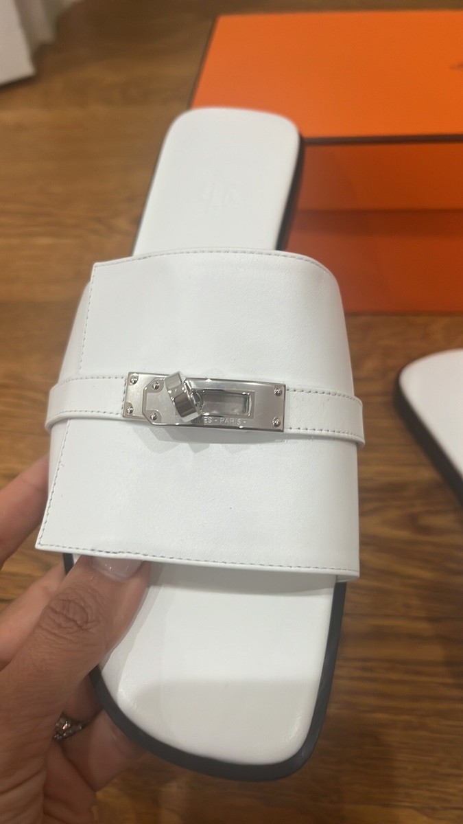 New Hermes GIULIA Sandal SZ 41.5 White Palladium Kelly