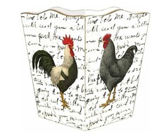 MARYE-KELLEY, FRENCH ROOSTERS ON WHITE SCRIPT 12" WOODEN WASTEPAPER BASKET, NEW