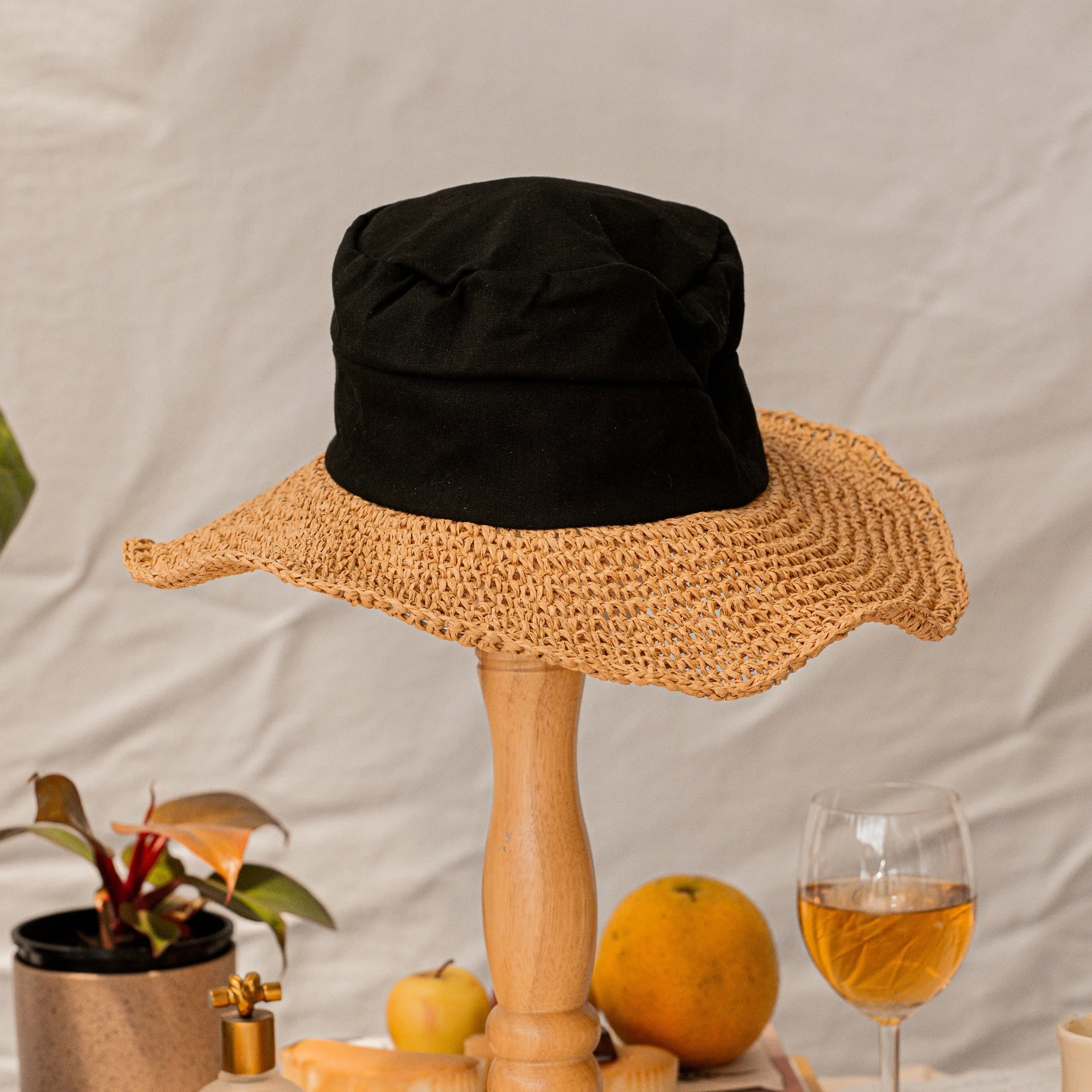 Straw/ Cotton Wide Brim Floppy Sun Shade Summer Hat