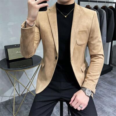Mens Formal One Button Suede Blazer Jacket Business Casual Button
