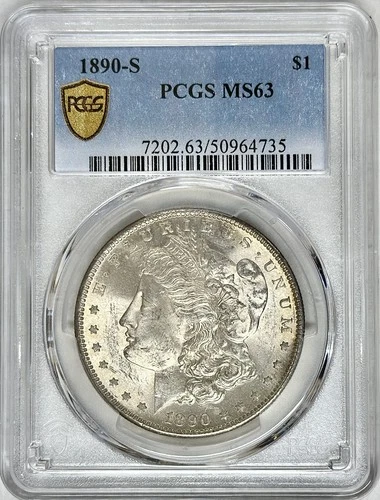 1890 S MORGAN SILVER DOLLAR PCGS MS63 GOLD SHIELD LABEL