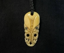 Maori Style Carved Pendant, Handmade Rustic Necklace, Shell Inlay, New Zealand 