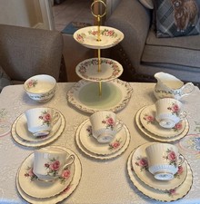 Pretty Vintage Royal Stafford Bone China Tea Set & 3 Tier Cake Stand Pink  Roses