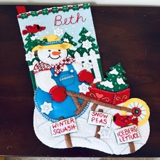 Bucilla "SNOW GARDEN" Felt Christmas Stocking Snowman FINISHED