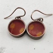 Red Yellow Resin Round Dangle Earrings Silver Tone Fishhook Modern Minimalist