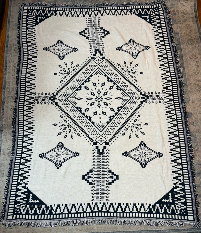 Manta reversible tribal azteca bohemia azul oscuro blanco flecos 48x64 Foto 3 de 4
