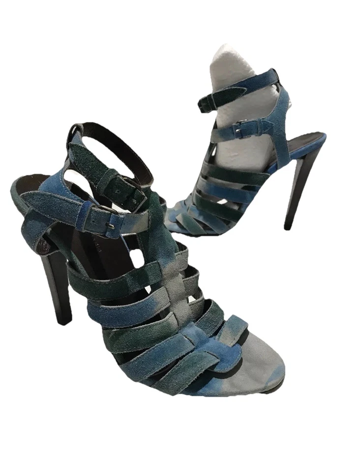 Sandalias Balenciaga 39.5 Tacón Alto Bomba Tobillo Gladiador Azul Verde Gamuza Tie Dye Foto 2 de 4