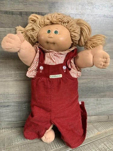 Vintage Cabbage Patch Kids Doll Blonde Yarn Hair Red Corduroy Outfit 1982