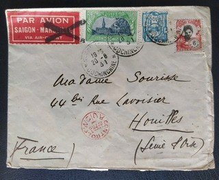 Enveloppe Par Avion Timbres Indochine Pour Houilles France 1931