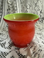 Vintage Red  Lime Green Cased Glass Vase 4.5  Mid Century Modern Murano Style