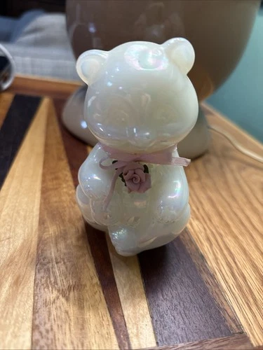 Fenton Glass White Opalescence Sitting Bear Figurine with Pink Rose & Ribbon