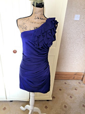 MISS N NEXT Ladies Ruched Dress UK Size 10 Purple Satin Frill Trim One Shoulder