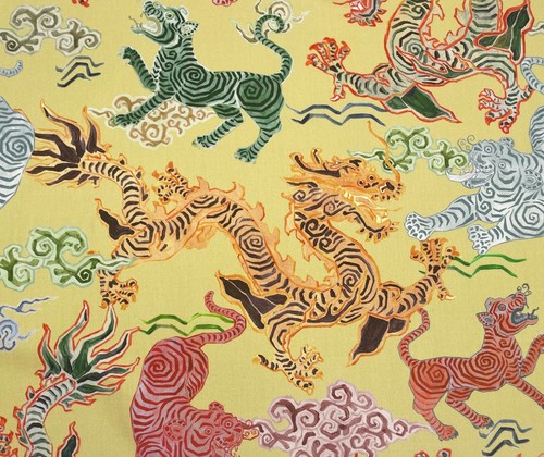 HAMILTON HIMALAYA JONQUIL YELLOW ASIAN TIGERS DRAGONS FABRIC BY THE YARD 54"W - Picture 7 of 8