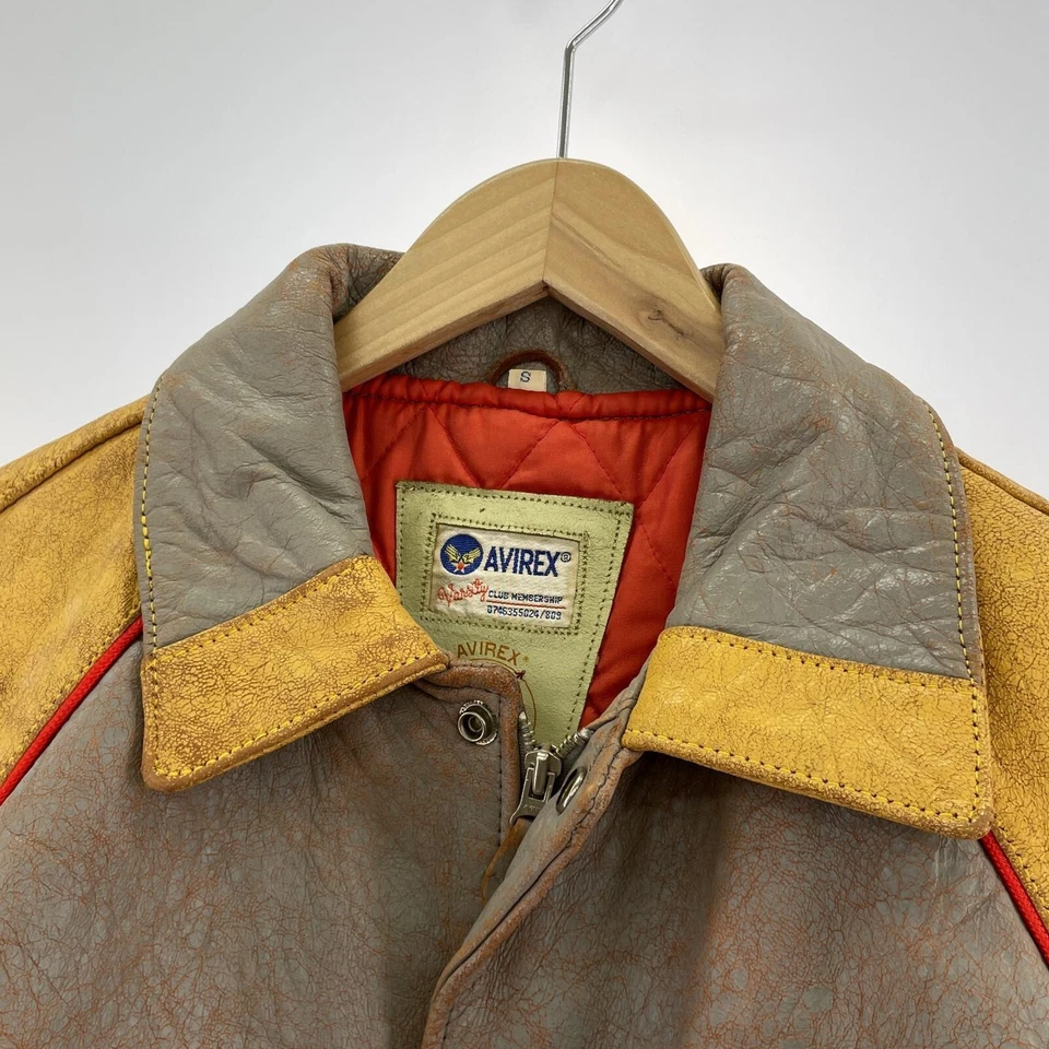 Avirex Leather Jacket Indian Chief Head Distressed Vintage Look S Yellow - Image 3 of 4