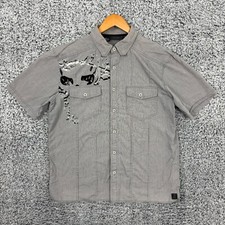 Harley Davidson Shirt Mens Large Gray Button Up Work Mechanic Skull Spell Out L