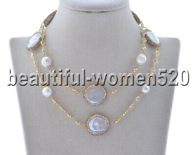 Z9929 25mm White Coin & Edison Pearl CZ Chain Yellow Gold-Plating Necklace  30inc | eBay