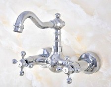 Polished Chrome Bathroom Kitchen Dual Cross Handles Sink Faucet Wall Mount